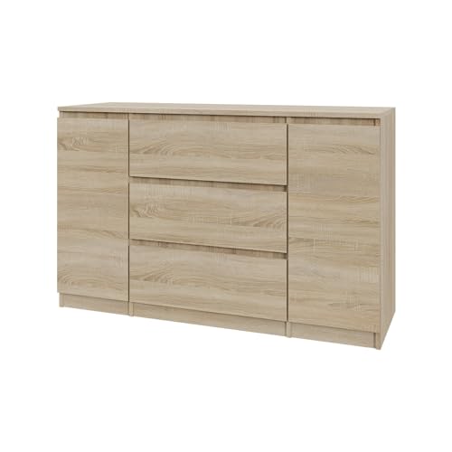 Mebligo Kommode in Weiß, Weiß lackiert und Sonoma-Eiche, mit 3 Schubladen und 2 Schränken – ideal für Schlafzimmer, Wohnzimmer, Kinderzimmer. (Sonoma-Eiche) von Mebligo