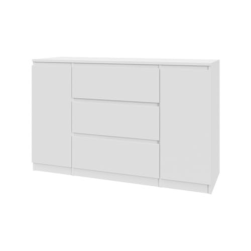 Mebligo Kommode in Weiß, Weiß lackiert und Sonoma-Eiche, mit 3 Schubladen und 2 Schränken – ideal für Schlafzimmer, Wohnzimmer, Kinderzimmer. (weiß) von Mebligo