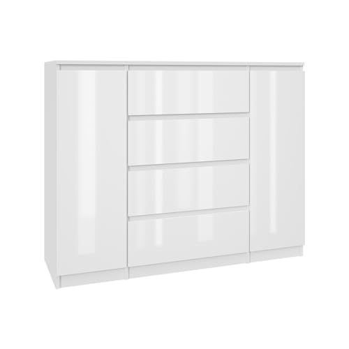 Mebligo Kommode in Weiß, Weiß lackiert und Sonoma-Eiche, mit 4 Schubladen und 2 Schränken – ideal für Schlafzimmer, Wohnzimmer, Kinderzimmer. (weiß lackiert) von Mebligo
