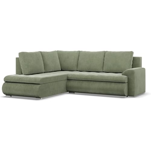 Mebligo - Ecksofa mit Schlaffunktion und 2 Bettkasten Cord - Grün 230x89x200 (BxHxT) FORESTA - Links Eckcouch, Sofas & Couches, Couch L Form, Cauchsofa, Sofa Wohnzimmer, Ecke Sofa von Mebligo