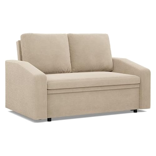 Mebligo - Sofa 2 Sitzer mit Schlaffunktion 148 x 90 x 87 cm NEO-Kollektion, Sofa Cord, Kleine Couch, Schlafsofa mit Bettkasten, Wohnzimmer Möbel, Schlafcouch Klein Beige von Mebligo