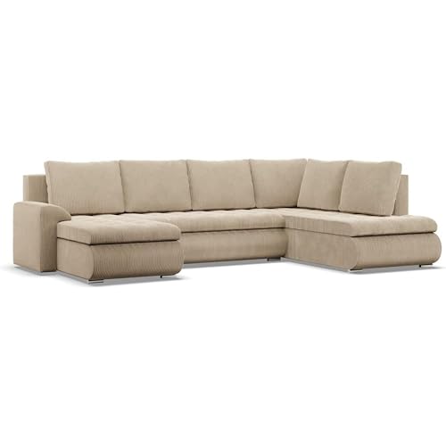 Mebligo - Ecksofa mit Schlaffunktion und 3 Bettkasten FORESTA 300x89x200 (BxHxT) Cord - Beige - Ottomane Rechts Eckcouch, Couch U Form, Sofa Wohnzimmer, Sofas & Couches, Eckschlafsofa von Mebligo