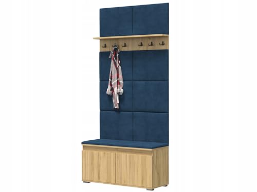 Meblowa1, Garderobe Set, Schuhschrank mit Sitzfläche & Garderobenpaneel & Wandregal mit Kleiderhaken, Schuhregal, 8 Wandpaneele Marineblauer, 6 Garderobenhaken, Modern, Craft Eiche, 100x214x37 cm von Meblowa1