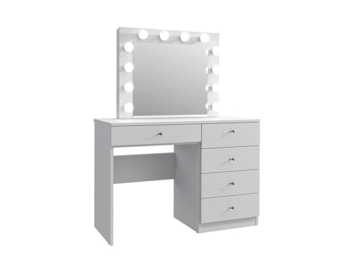 Meblowa1, Schminktisch mit LED Beleuchtung, Schminkspiegel mit großem Hollywood Spiegel - Vanity Mirror, 12 LED-Leuchtmittel neutrale Farbe, 5 Schubladen, Frisiertisch, Glamour, Weiß, 110x142x47 von Meblowa1