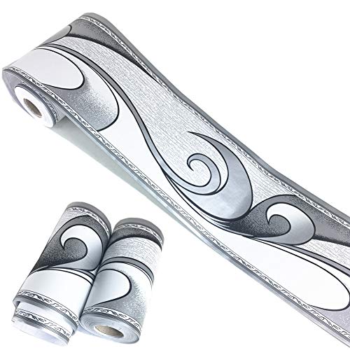 Generic YFCJ Tapetenbordüre, royales silbergraues Wellenmuster, Bordüre, abziehbare Wand-Deko, Decken-Aufkleber, Küche, Badezimmer, Wanddekoration, 10 cm x 10 Meter, Acrylic, Silber von Meboem