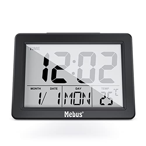 MEBUS Digitalwecker mit großem Display und Temperaturanzeige, gut lesbar, Snooze, Displaybeleuchtung per Knopfdruck/Klatschen/Schnipsen, Innenthermometer, Datum, Farbe: Schwarz, Modell: 25739 von Mebus