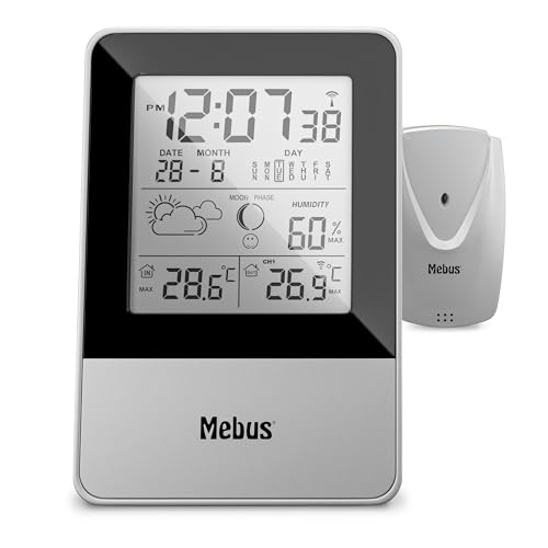 MEBUS Funkgesteuerte Wetterstation mit Außensensor, Thermometer, Hygrometer (außen), Funkuhr, Wohlfühlindikator Raumklima, Wettervorhersage mit Symbolen, Mondkalender, Farbe: Silber, Modell: 40652 von Mebus