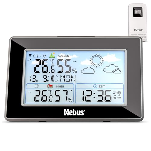 MEBUS funkgesteuerte Wetterstation mit Außensensor, Thermometer/Hygrometer, Funkuhr, Wohlfühlindikator bewertet Raumklima, Wettervorhersage, Mondkalender, Wecker, Farbe: Schwarz-Silber, Modell: 40917 von Mebus