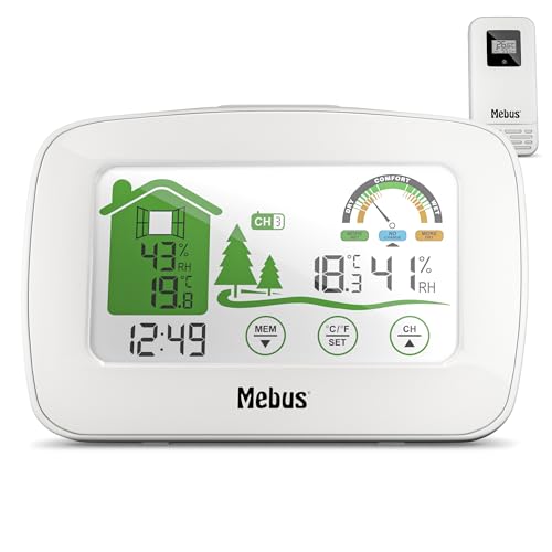 MEBUS funkgesteuerte Wetterstation mit Außensensor, Thermometer/Hygrometer (innen/außen), Wohlfühlindikator bewertet Raumklima, Min-/Max-Funktion, Displaybeleuchtung, Farbe: Schwarz, Modell: 40902 von Mebus