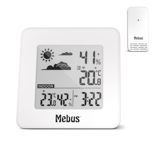 MEBUS Funkgesteuerte Wetterstation mit Außensensor, Thermometer/Hygrometer (innen/außen), Wohlfühlindikator bewertet Raumklima, Min/Max, Displaybeleuchtung, Wecker, Farbe: Weiß, Modell: 40913 von Mebus