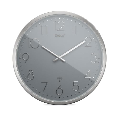 Mebus Funkwanduhr TinyTime | Wanduhr ohne Tickgeräusche | Durchmesser 25 cm | Modernes Zifferblatt in Grau | Silbernes Gehäuse von Mebus