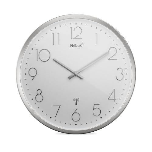 Mebus Funkwanduhr TinyTime | Wanduhr ohne Tickgeräusche | Durchmesser 25 cm | Modernes Zifferblatt in Weiß | Silbernes Gehäuse von Mebus