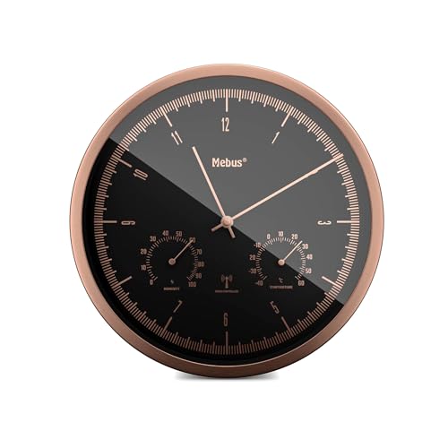 Mebus Funk-Wanduhr TinyTime mit Thermo- und Hygrometer | ohne Tickgeräusche | 25 cm | Zifferblatt Schwarz | Kupferfarbenes Gehäuse | 1978 von Mebus