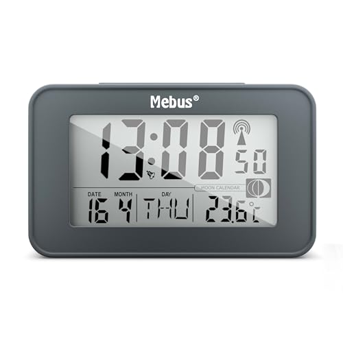 Mebus digitaler Funk-Wecker mit Mondkalender, Beleuchtung, Innenthermometer, 2 Weckzeiten, Schlummer-Funktion/Material: Kunststoff/Farbe: Grau/Modell: 51460 von Mebus