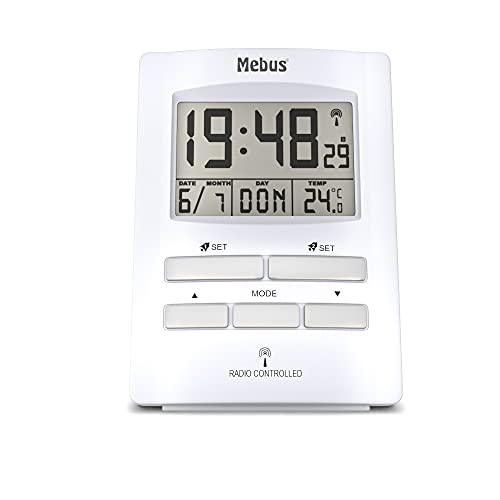 MEBUS Digitaler Funk-Wecker mit Temperaturanzeige, Zwei Weckzeiten und Kalender, Funkuhr/ Material: Kunststoff / Farbe: Weiß / Modell: 51501, normal (10,5 x 6,7 x 4 cm) von Mebus