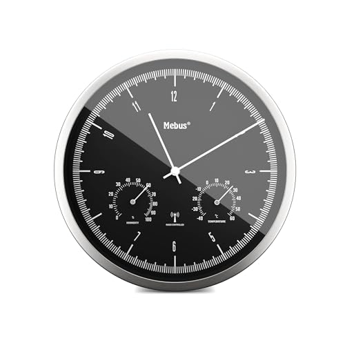 Mebus Funk-Wanduhr TinyTime mit Thermo- und Hygrometer | ohne Tickgeräusche | 25 cm | Zifferblatt Schwarz | Silbernes Gehäuse | 1977 von Mebus