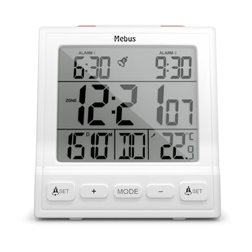 Mebus Digitaler Funk-Wecker mit Thermometer, Datumsanzeige, Zwei Weckzeiten, Weckwiederholung, automatische Einstellung von Sommer- und Winterzeit, Funk-Uhr, Digitalwecker von Mebus