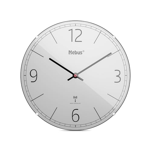 Mebus Funk-Wanduhr, lautlos, Kuppelglas, Rahmenlos, grau, Modell 12986 - Modernes Design und exakte Zeit von Mebus