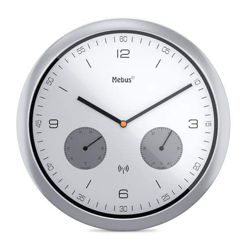 Mebus Funk-Wanduhr mit Thermometer und Hygrometer/Kunststoff/Rund/Modell: 52827 / Farbe: Silber von Mebus