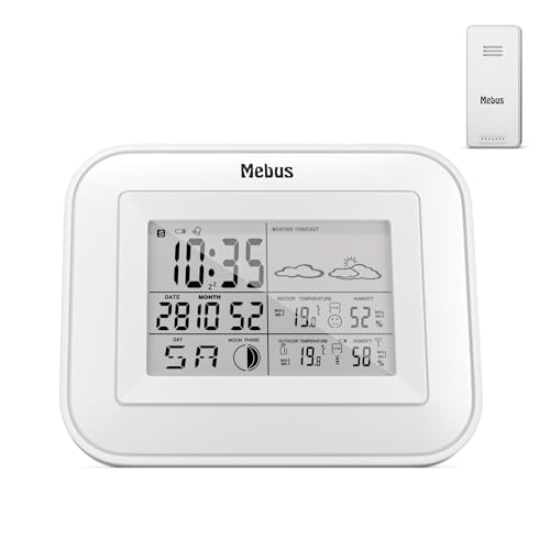 Mebus Funk-Wetterstation mit Außensensor, Komfort-Indikator, Anzeige von Temperatur, Luftfeuchtigkeit (je innen und außen), Wettervorhersage, Mondphasen/Material: Kunststoff/Farbe: Weiß/Modell: 40649 von Mebus