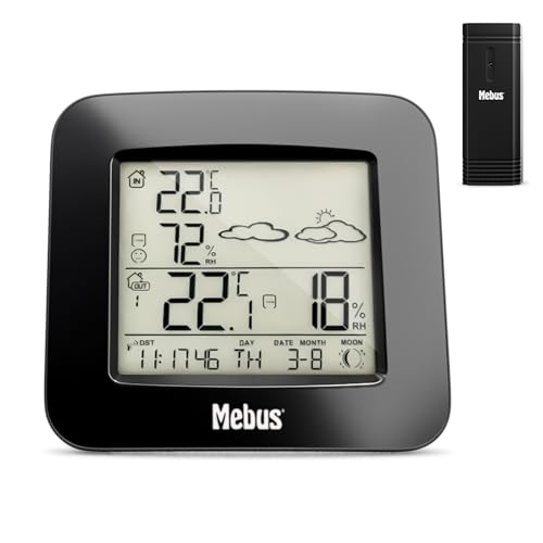 Mebus Funk-Wetterstation mit Außensensor Thermometer Hygrometer Wettervorhersage Mondphasen Wettertrend, Alarm mit Weckwiederholung, Kalender/Material: Kunststoff/Farbe: Schwarz/Modell: 40715 von Mebus