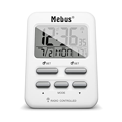 Mebus Funkwecker mit Temperaturanzeige in Reisegröße, Funkuhr (DCF77), Zwei Weckzeiten, Alarm mit Weckwiederholung (Snooze), Datum, Wochentag, Displaybeleuchtung, Farbe: Weiß, Modell: 25800 von Mebus