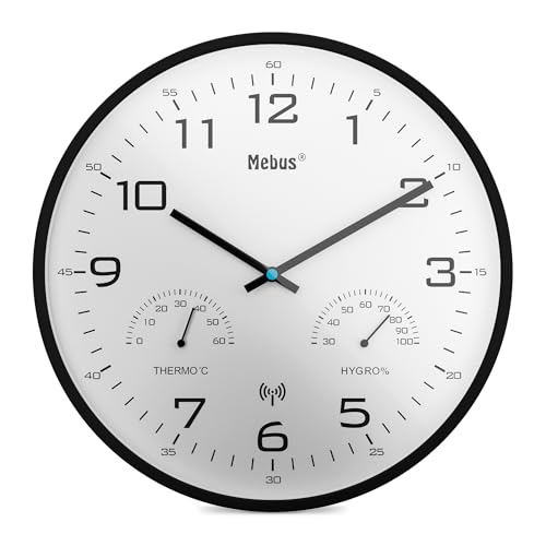 Mebus moderne Funk-Wanduhr mit Temperaturanzeige und Luftfeuchtigkeit, 30 cm, Funk-Uhr, Wohnzimmer, Küchenuhr / Modell: 52840 / Farbe: Schwarz von Mebus