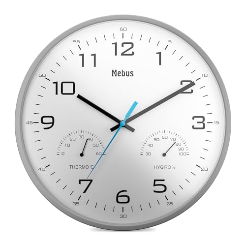 Mebus moderne Quarz-Wanduhr mit Temperaturanzeige und Luftfeuchtigkeit, 30 cm Durchmesser groß, Wohnzimmer, Küchenuhr, Rund / Modell: 16182 / Farbe: Grau von Mebus