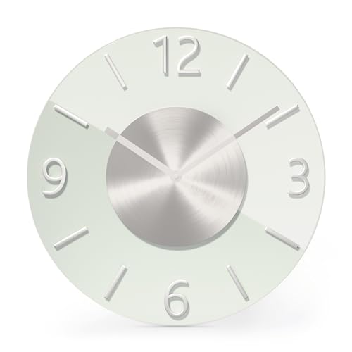 Mebus Quarzwanduhr, Leisegangwerk - Kein Tick-Tack Geräusch, präzises Quarzuhrwerk, Glas - hochwertig und elegant, 3D Aluminium Ziffern, Aluminium Zeiger, Farbe: Weiß Silber, 32cm von Mebus