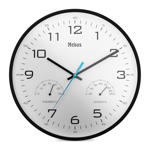 Mebus moderne Quarz-Wanduhr mit Temperaturanzeige und Luftfeuchtigkeit, 30 cm Durchmesser groß, Wohnzimmer, Küchenuhr, Rund / Modell: 16180 / Farbe: Schwarz von Mebus