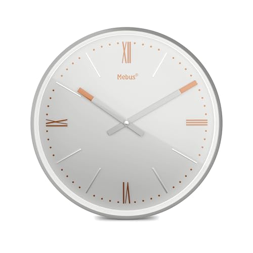 Mebus Wanduhr TinyTime mit römischen Ziffern | Wanduhr ohne Tickgeräusche | Durchmesser 25 cm | klassisches Zifferblatt in Hellgrau | Silbernes Gehäuse | Kupferfarbene Akzente, 19779 von Mebus