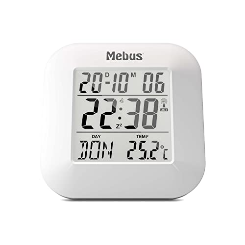 Mebus digitaler Funk-Wecker mit Thermometer, Datumsanzeige und Beleuchtung, Snooze-Funtion, Kunststoff, Weiß, 8 x 8,5 x 1,8 cm von Mebus