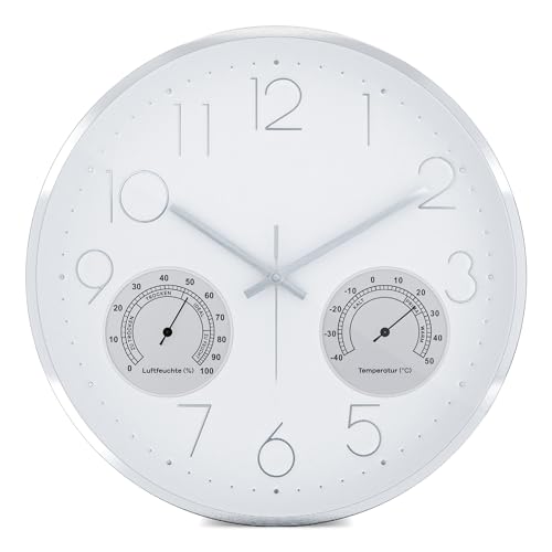 Mebus große Quarz-Wanduhr mit Thermo- und Hygrometer I Leisegangwerk I ohne Geräusch I präzises Uhrwerk I hochwertiger Aluminiumrahmen I 3D Ziffern verchromt I Farbe: Weiß I Durchmesser: 35cm Mebus große Quarz-Wanduhr mit Thermo- und Hygrometer I Leisegangwerk I ohne Geräusch I präzises Uhrwerk I hochwertiger Aluminiumrahmen I 3D Ziffern verchromt I Farbe: Weiß I Durchmesser: 35cm von Mebus