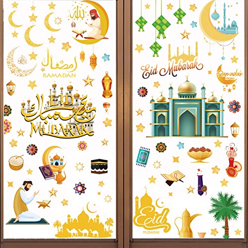 121 Stück Ramadan Fensteraufkleber, Eid Mubarak Fenster Aufkleber, Stern Halbmond Laterne Aufkleber Fenstersticker, Ramadan Dekorationen für Zuhause, Fensteraufkleber für Muslim Eid Mubarak Party von Mecctuck