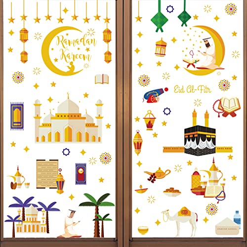 196 Stück Ramadan Fensteraufkleber, Eid Mubarak Fenster Aufkleber, Stern Halbmond Laterne Aufkleber Fenstersticker, Ramadan Dekorationen für Zuhause, Fensteraufkleber für Muslim Eid Mubarak Party von Mecctuck