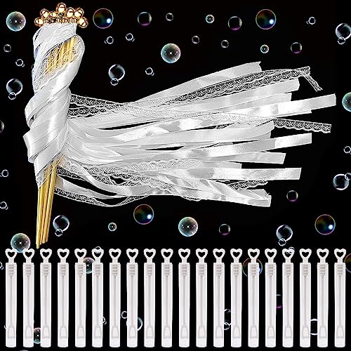 20 x Wedding Wands und 20 x Seifenblasen, Zauberstäbe mit Glocken und Spitzen Luftschlangen, Hochzeit Glücksstäbe Stäbe Fairy Stick, Luftschlangen + Seifenblasen für Hochzeit Babypartys Geburtstag von Mecctuck
