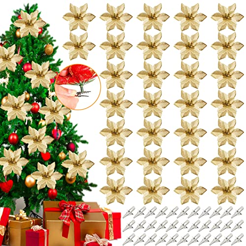30 Stück Weihnachtsdekoration Blumen, Weihnachten Blumen, Glitzer Künstliche Weihnachtsblumen, Weihnachten Blumen Deko, Kunstblume mit 30 Stück Clips für Weihnachtsdekoration Weihnachtsbaum (Gold) von Mecctuck