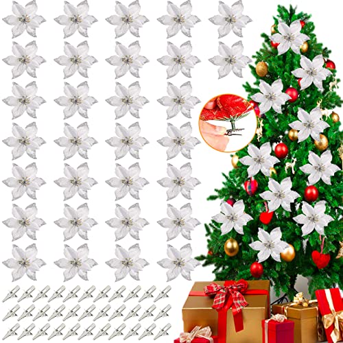 30 Stück Weihnachtsdekoration Blumen, Weihnachten Blumen, Glitzer Künstliche Weihnachtsblumen, Weihnachten Blumen Deko, Kunstblume mit 30 Stück Clips für Weihnachtsdekoration Weihnachtsbaum (Silber) von Mecctuck