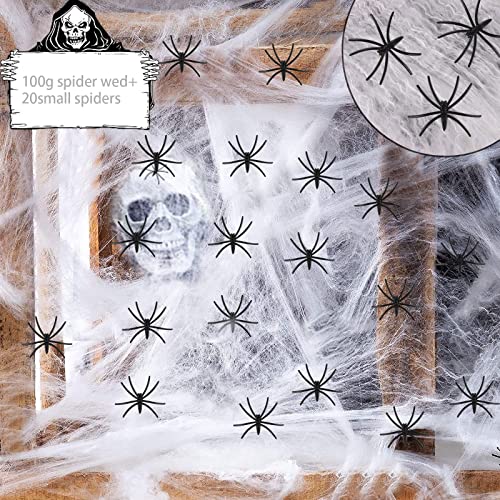 Halloween Deko 100g Spinnennetz 20 Spinnen, Halloween Deko Set, Spinnennetze mit Gefälschte Spinnen, Spinnennetz Halloween Spinne Deko für Halloween Party Feste Kamin Fenster Türen Dekoration von Mecctuck