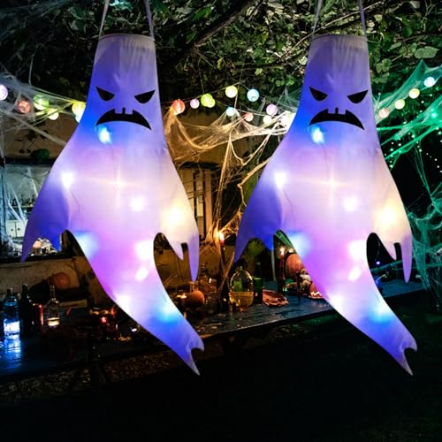 Halloween Deko Garten,2 Stück Halloween Deko Outdoor,Windsäcke Geist Outdoor Hängend Glühender Geisterhut,Windsäcke Hängen Ghost Windsock Flag mit LED Lichterkette,Scary Windsack für Halloween Garten von Mecctuck