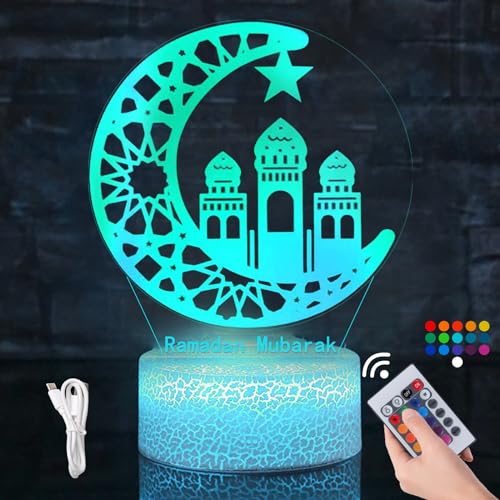 Mecctuck Ramadan Deko, Ramadan Lampe, Islamische Deko, LED Ramadan Licht, Mondlampe, 16 Farben Ramadan Lampe, 3D Ramadan Mubarak Dekoration, Ramadan Laterne für Schlafzimmer Tisch Deko Geschenke von Mecctuck