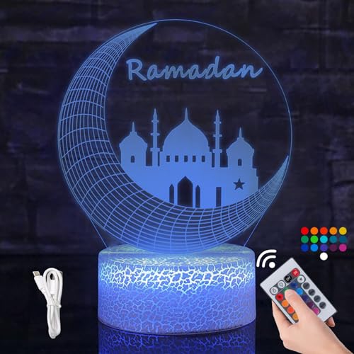 Mecctuck Ramadan Deko, Ramadan Lampe, Islamische Deko, LED Ramadan Licht, Mondlampe, 16 Farben Ramadan Lampe, 3D Ramadan Mubarak Dekoration, Ramadan Laterne für Schlafzimmer Tisch Deko Geschenke von Mecctuck