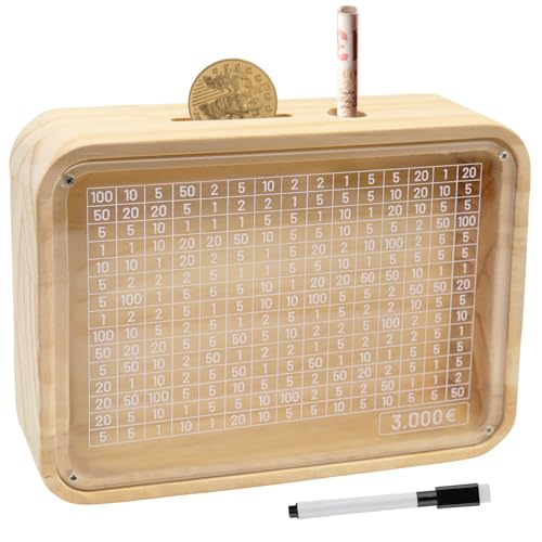Sparbox Holz, Spardose Holz, Sparbox mit Zahlen Ankreuzen, Retro Sparbüchse mit Sichtfenster, Wiederverwendbare Spar Box, Hilft Kindern und Erwachsenen die Gewohnheit zum Sparen zu Entwickeln (3000€) von Mecctuck