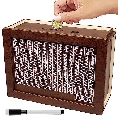 Sparbox Holz,Spardose Holz,Sparbox mit Zahlen Ankreuzen,Retro Sparbüchse mit Ziel und Stifte,Wiederverwendbare Spar Box,Hilft Kindern und Erwachsenen die Gewohnheit zum Sparen zu Entwickeln (10000€) von Mecctuck
