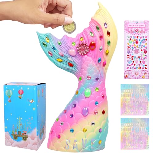 Spardose Mädchen, Meerjungfrau Sparbox, Sparschwein Lustig, Sparbüchse Mädchen mit DIY Aufklebern, Wiederverwendbare Spar Box, Hilft Kindern und Erwachsenen die Gewohnheit zum Sparen zu Entwickeln von Mecctuck