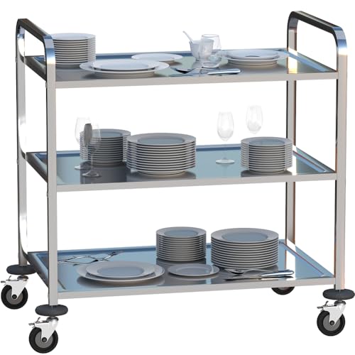 Mecent servierwagen Edelstahl 3 böden,servierwagen mit Rollen und 4-Bremsräder,Küchenwagen für Hotel Restaurant (75 x 40 x 83cm) von Mecent