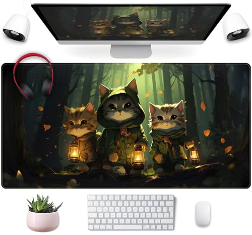 Schreibtischunterlage mit Waldkatzen, Anime-Katze, niedlich, Kawaii-Grün, XXL, großes erweitertes Gaming-Mauspad, Tastatur-Mauspad mit genähten Kanten, Heimbüro-Dekor-Pad für Frauen und Mädchen, 80 x von Mechanical Cattle