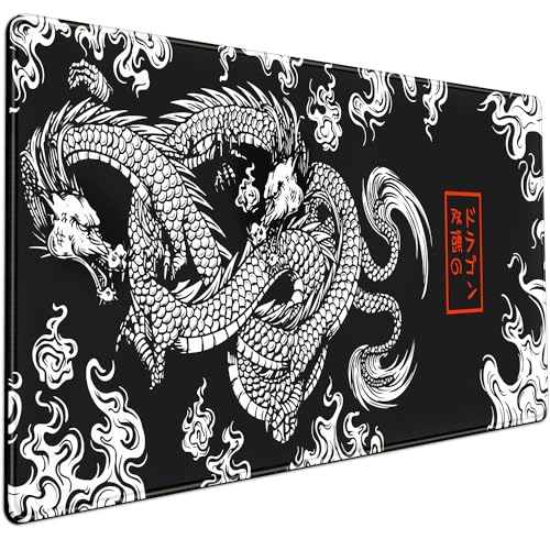 Schwarze Schreibtischunterlage, weißer japanischer Drache, XL, schwarzes Anime-Mauspad, großes Gaming-Mauspad für Männer, Schreibtischunterlage mit genähten Kanten, rutschfeste große Computermatte, 80 von Mechanical Cattle