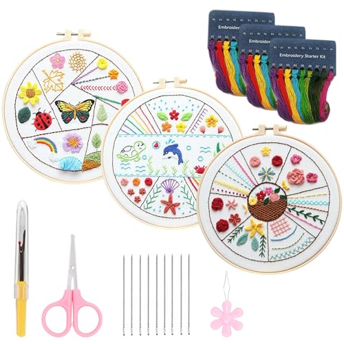 Mecmbj 3 Stück Sticken für Anfänger, Sticken Set Erwachsene, mit Tier- und Blumenmuster, Embroidery Kit zum Selbermachen, Kreuzstich Set, Handstickset mit Anleitung und Werkzeug von Mecmbj