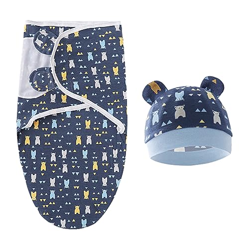 Mecmbj Pucksack, pucktuch Baby 0-3 Monate, Weiche schlafende babyschlafsack Neugeborene, niedlicher Cartoon Pucksack Baby mit Mützen-Set, Baumwoll Swaddle Blanket für Neugeborene, Unisex (blau) von Mecmbj